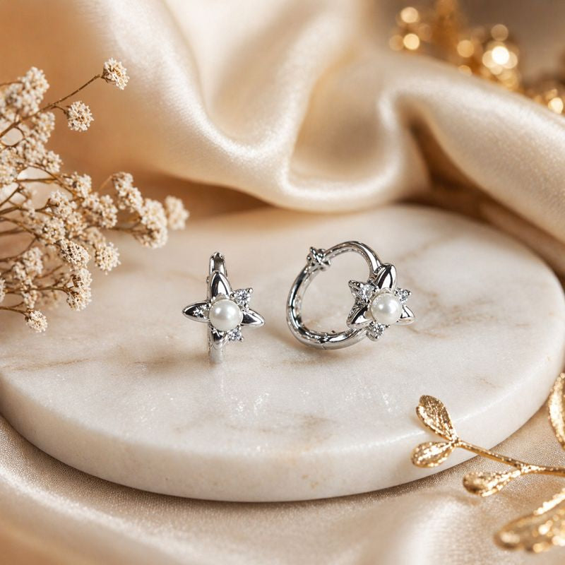 Star Bloom Pearl Baby Hoops