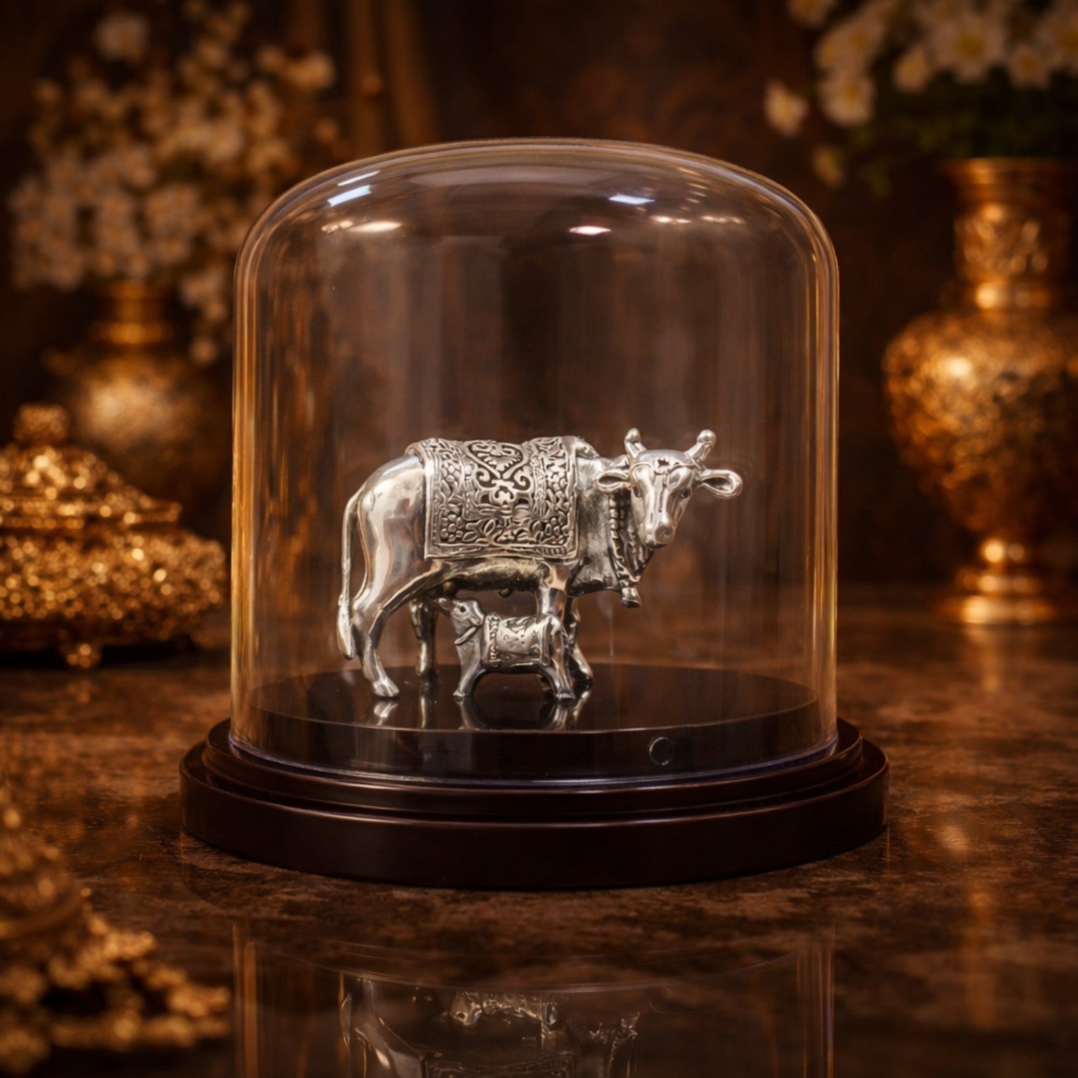 Kamadhenu Cow & Calf – Pure 999 Silver Dome