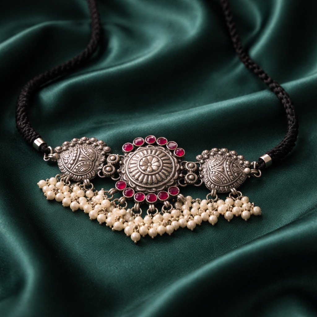Rangoli Ruby Oxidised Silver Pearl Choker