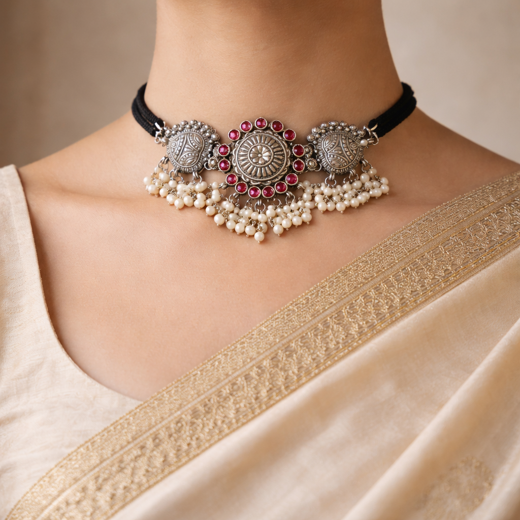 Rangoli Ruby Oxidised Silver Pearl Choker