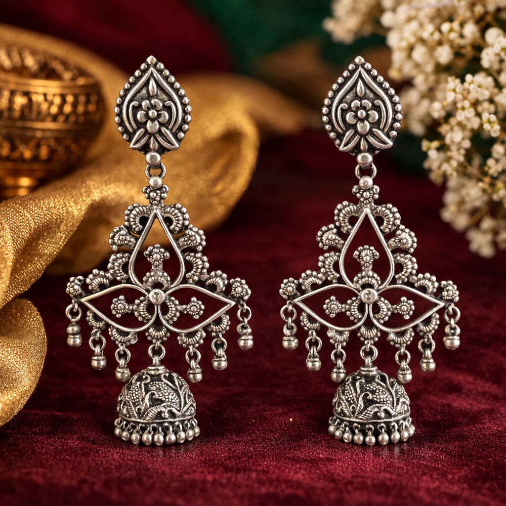 Royal Filigree Silver Jhumka Chandeliers