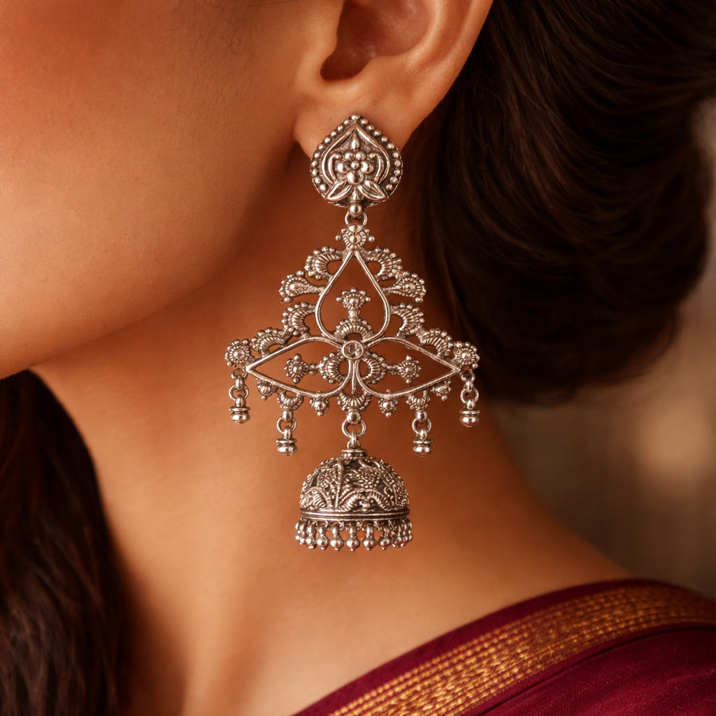 Royal Filigree Silver Jhumka Chandeliers