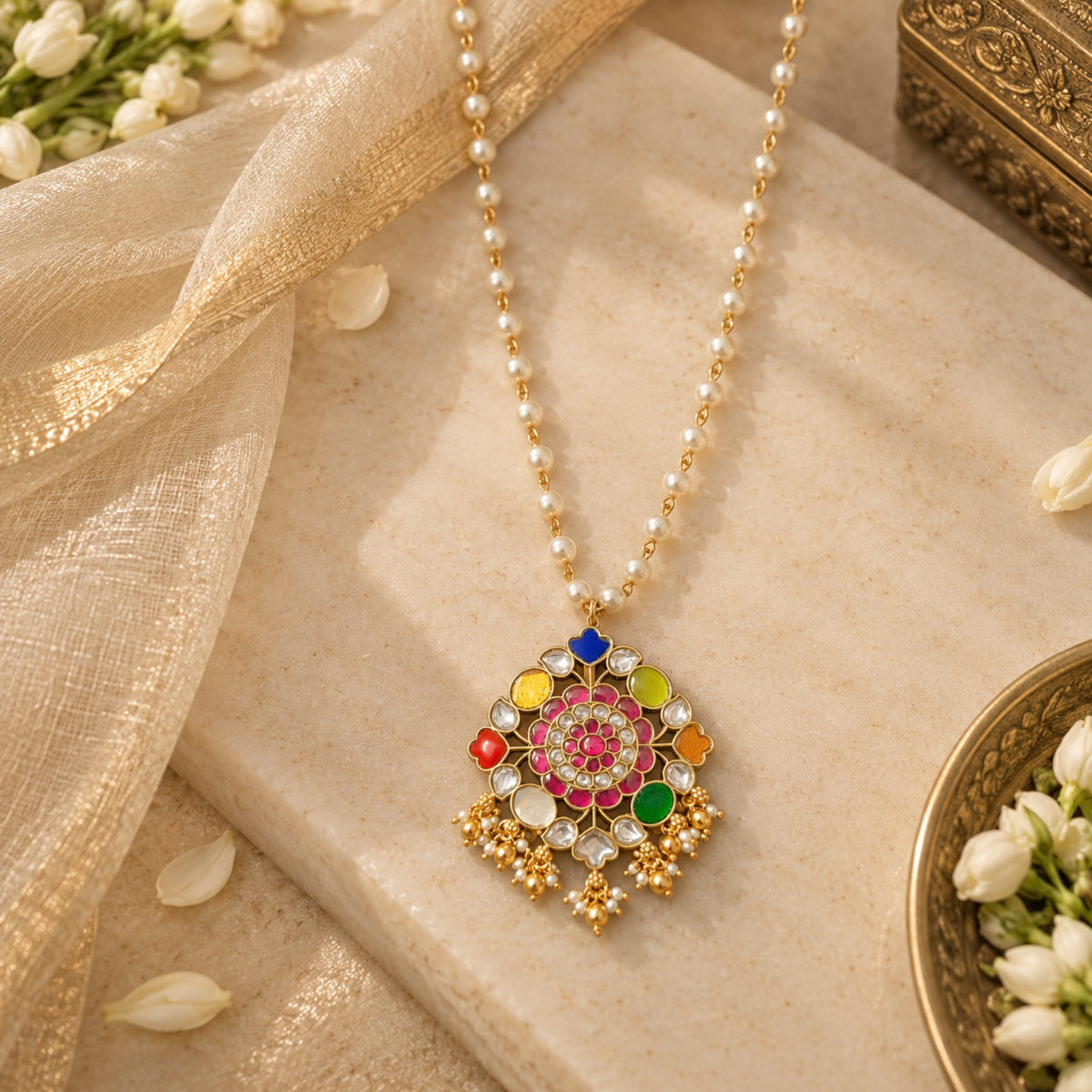 Navratna Kundan Floral Pendant