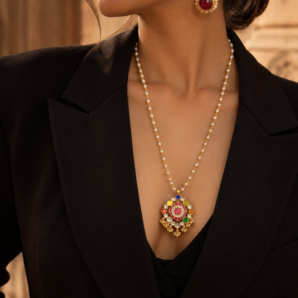 Navratna Kundan Floral Pendant