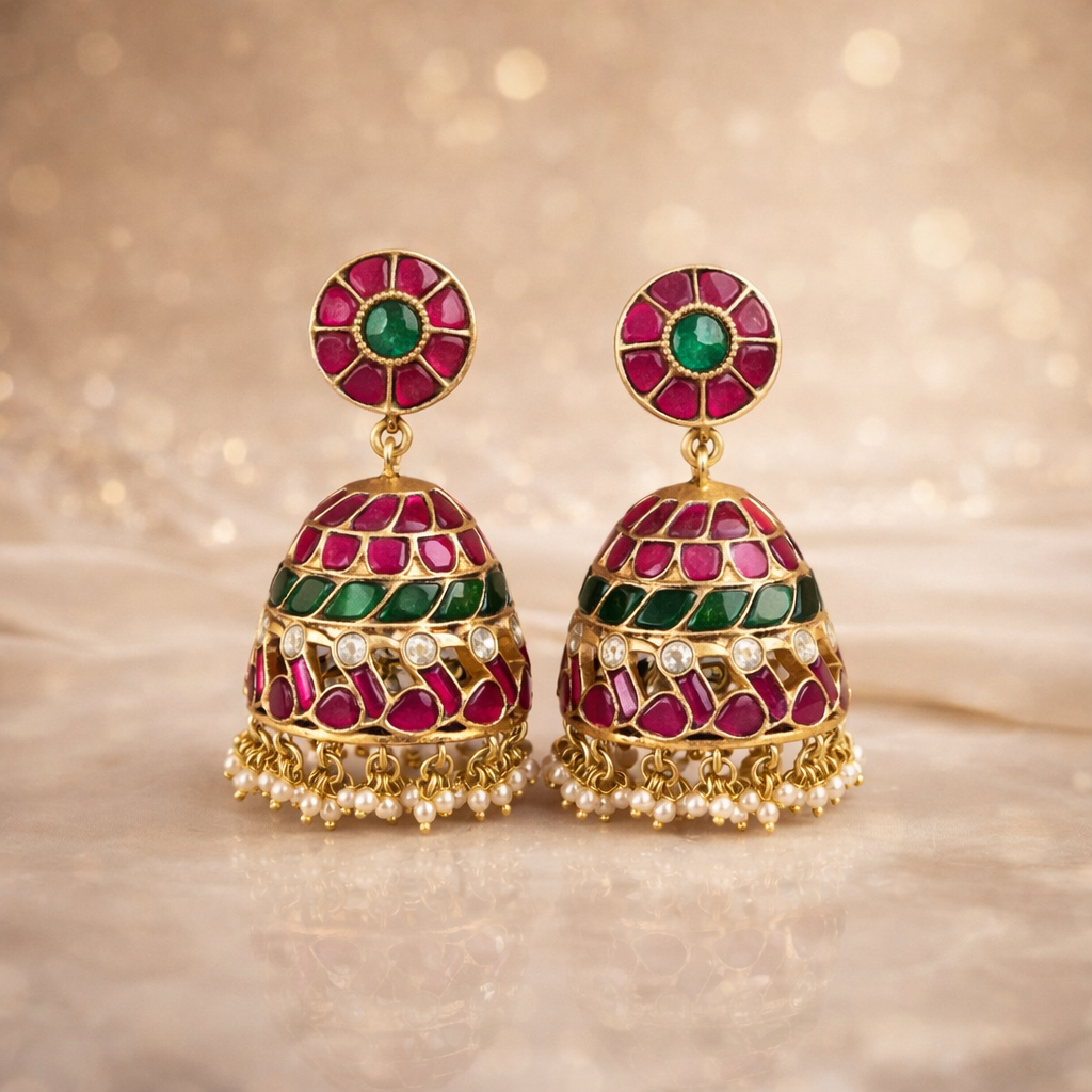 Rangriti Ruby-Green Kundan Jhumka