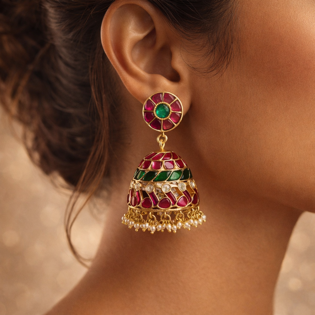 Rangriti Ruby-Green Kundan Jhumka