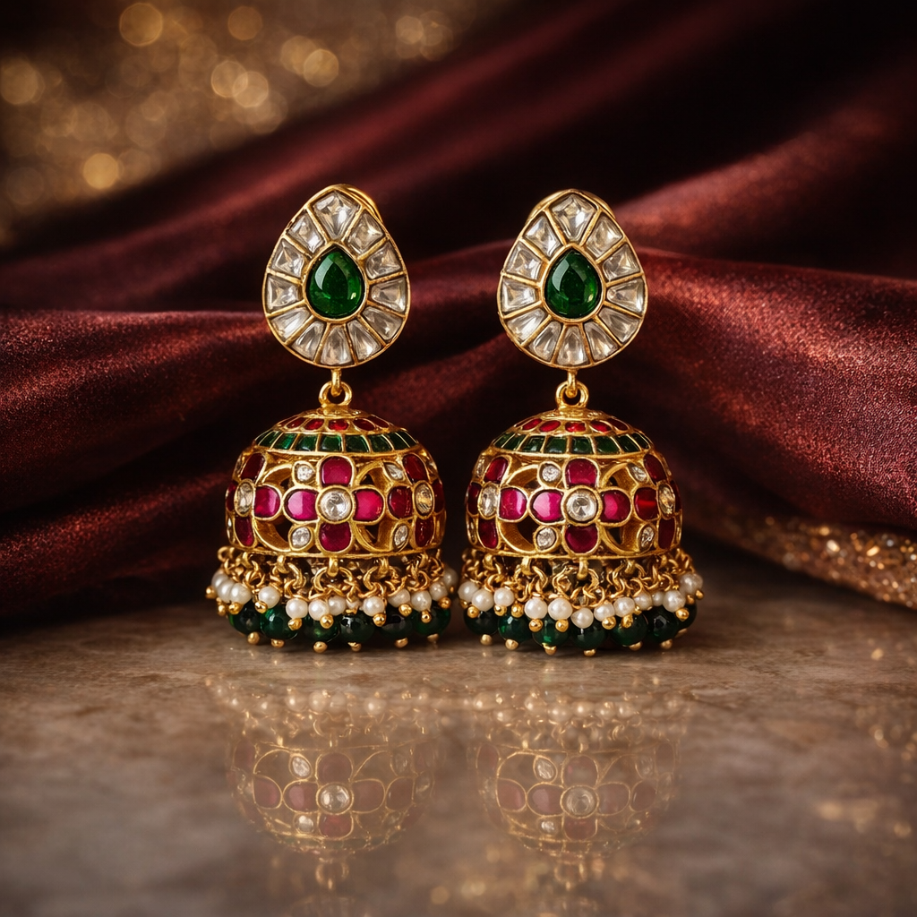 Rajwada Emerald Ruby Kundan Jhumkas
