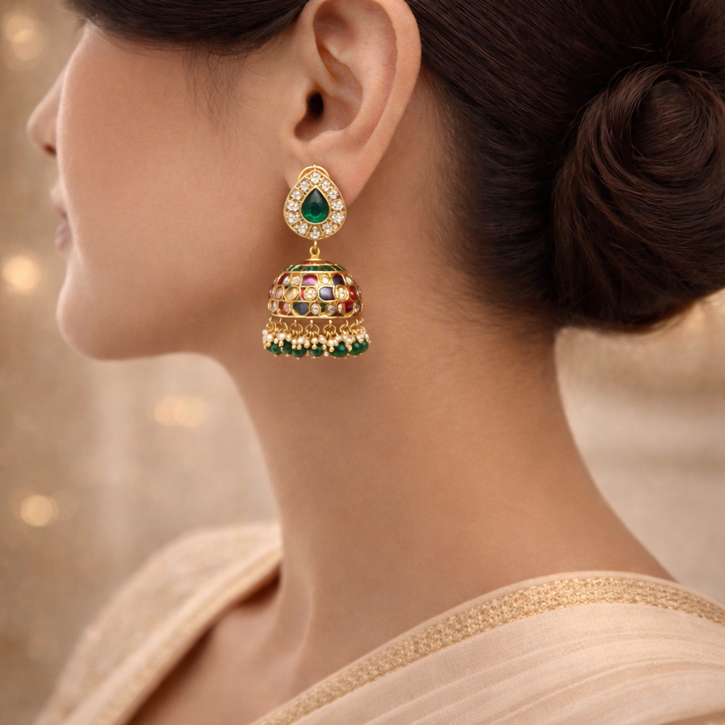 Rajwada Emerald Ruby Kundan Jhumkas