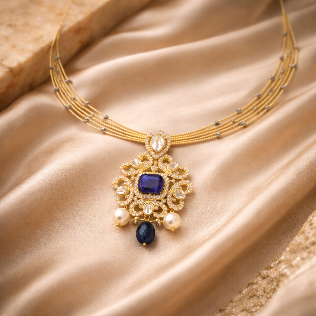 Royal Blue Kundan Pearl Necklace