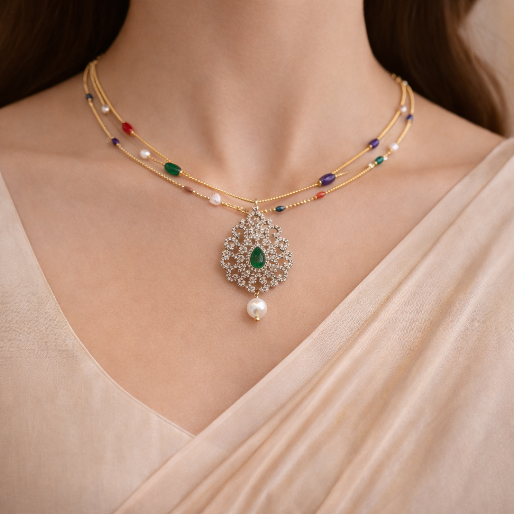 Navratna Filigree Pearl Necklace