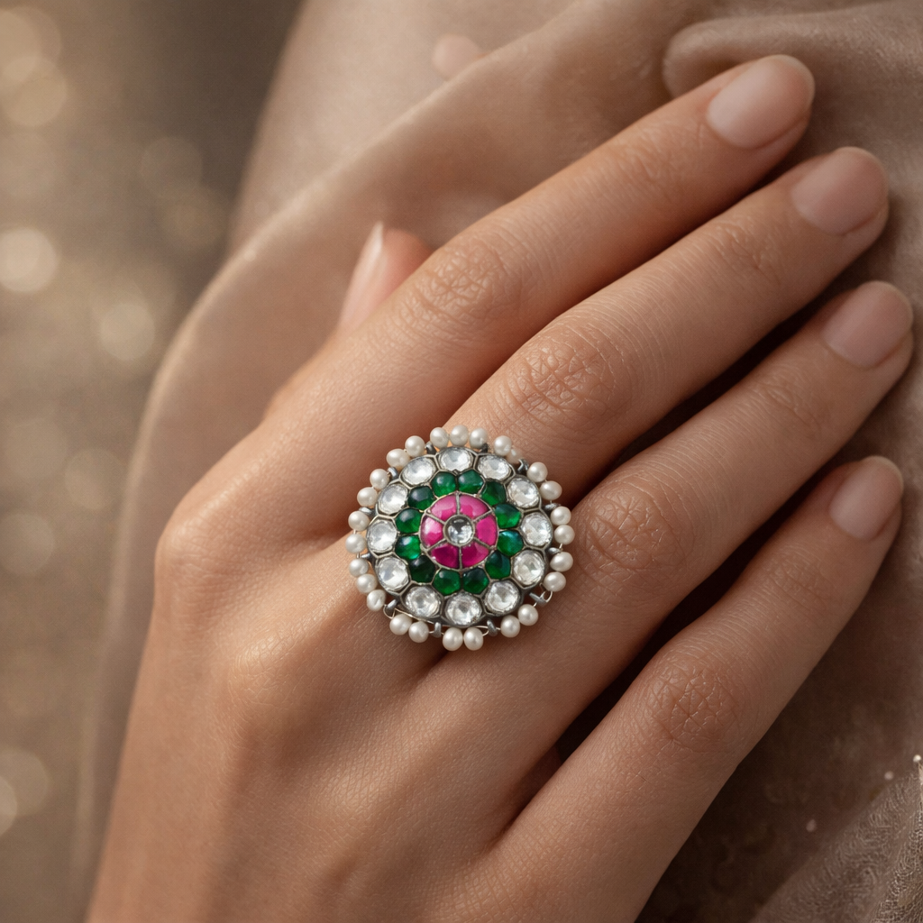 Gulnaar Kundan Pearl Cocktail Ring