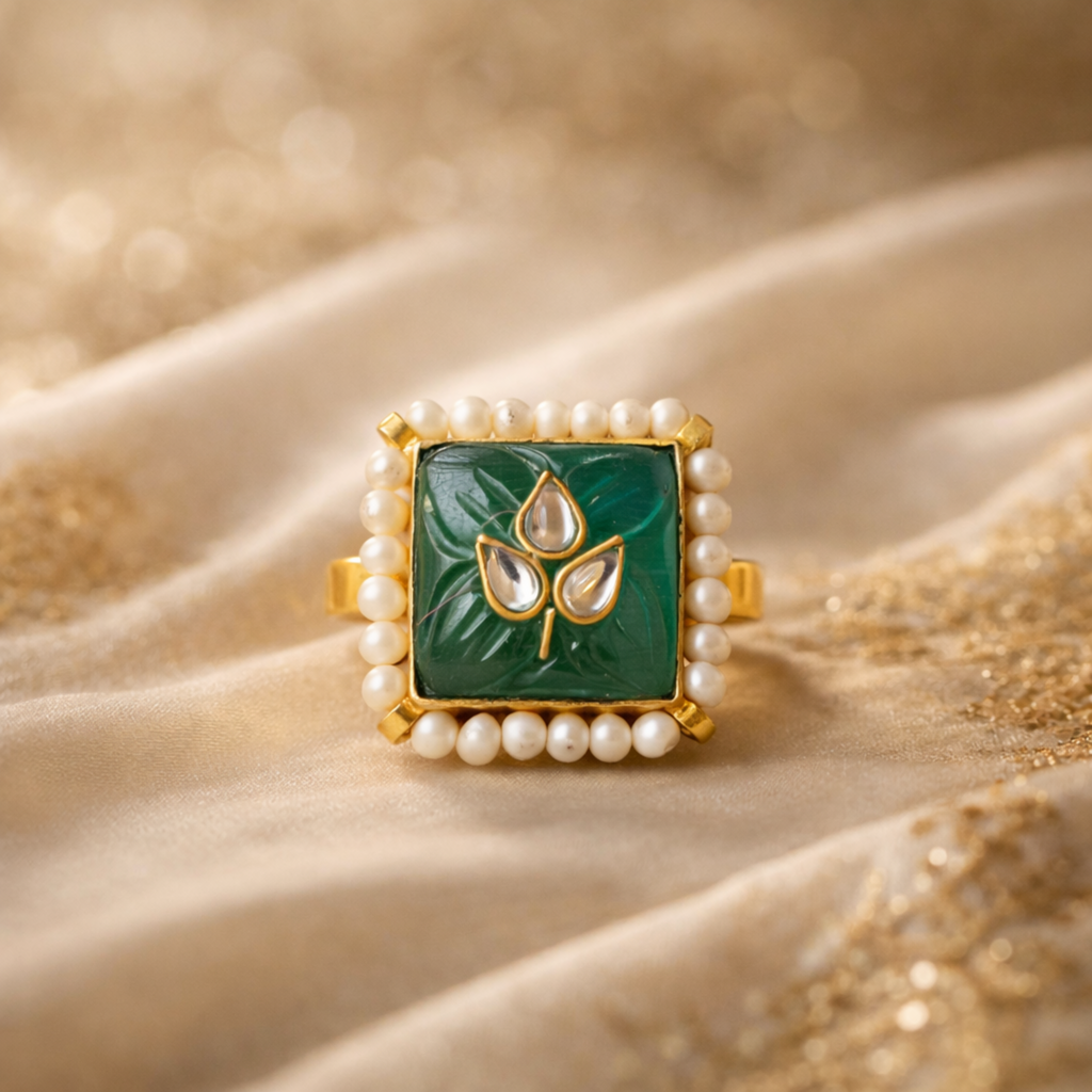 Emerald Pearl Leaf Square Ring
