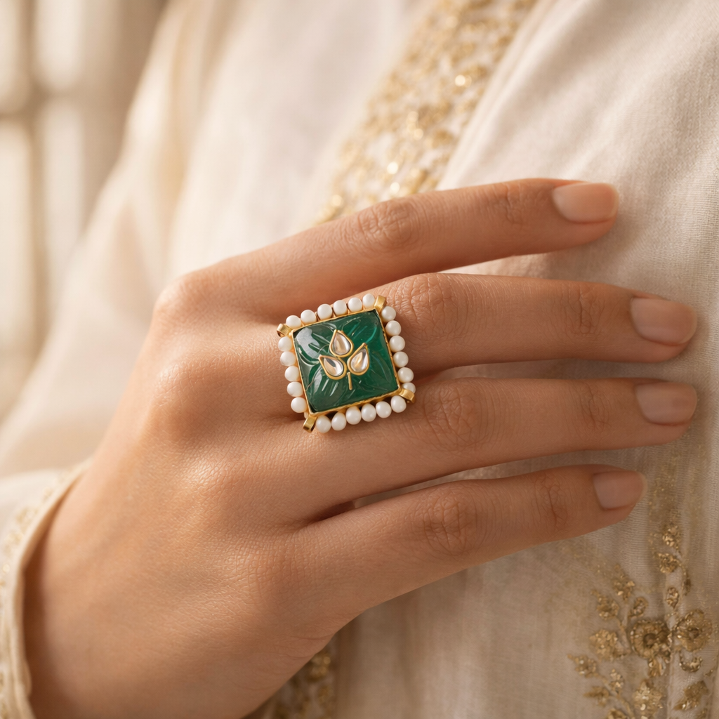 Emerald Pearl Leaf Square Ring