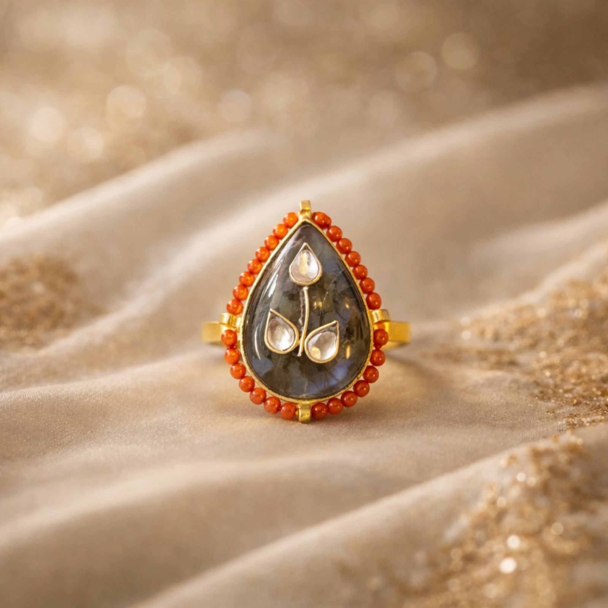 Smoky Coral Leaf Ring