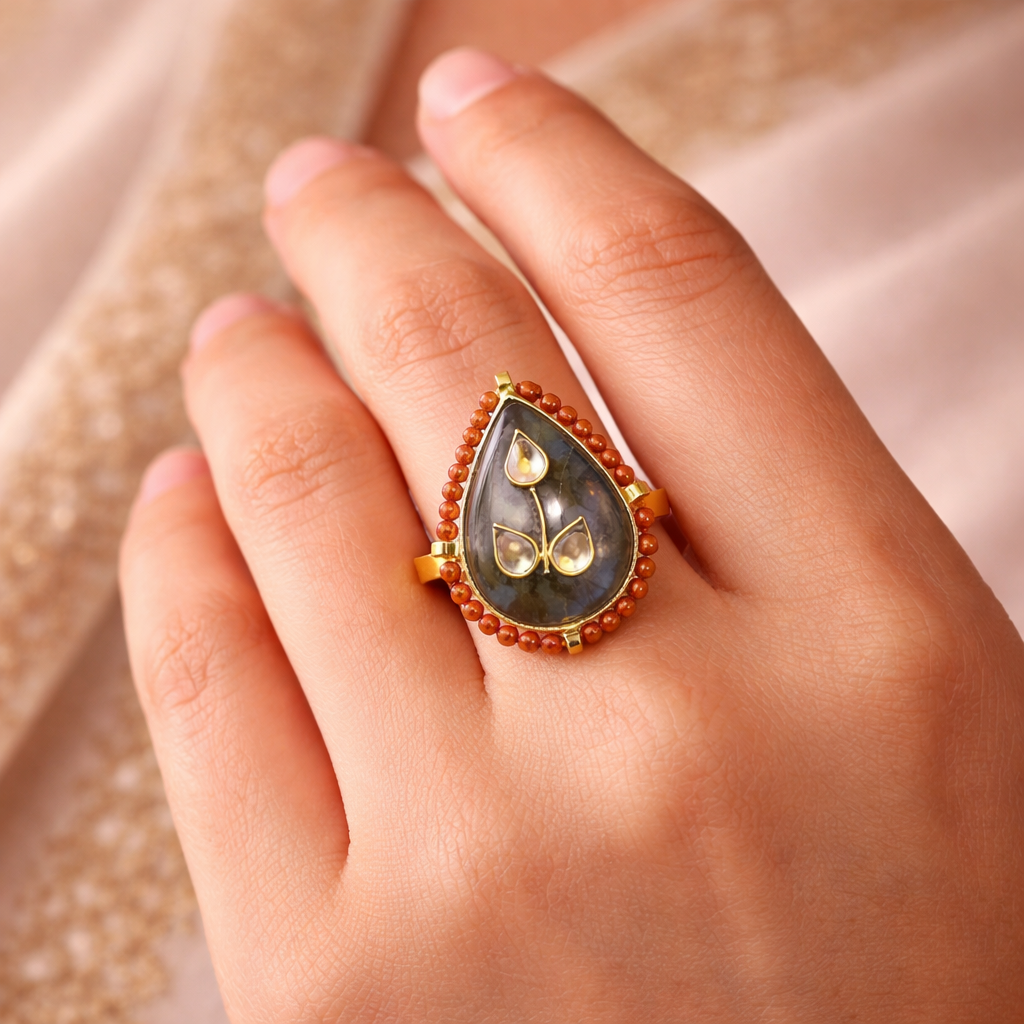 Smoky Coral Leaf Ring