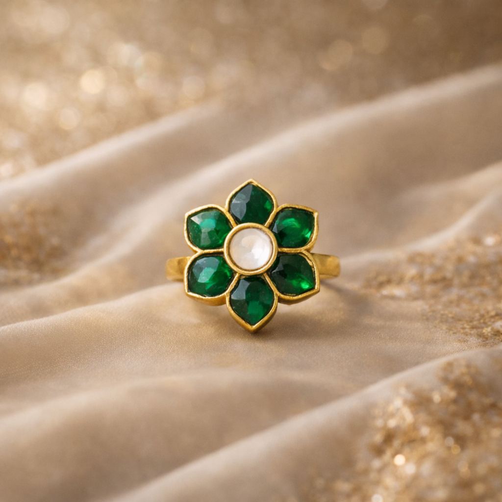 Emerald Bloom Kundan Ring