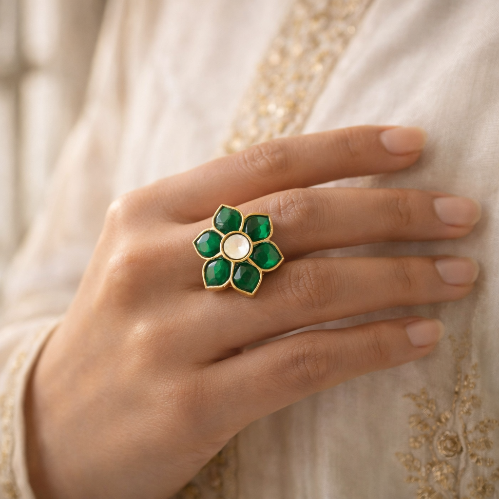 Emerald Bloom Kundan Ring