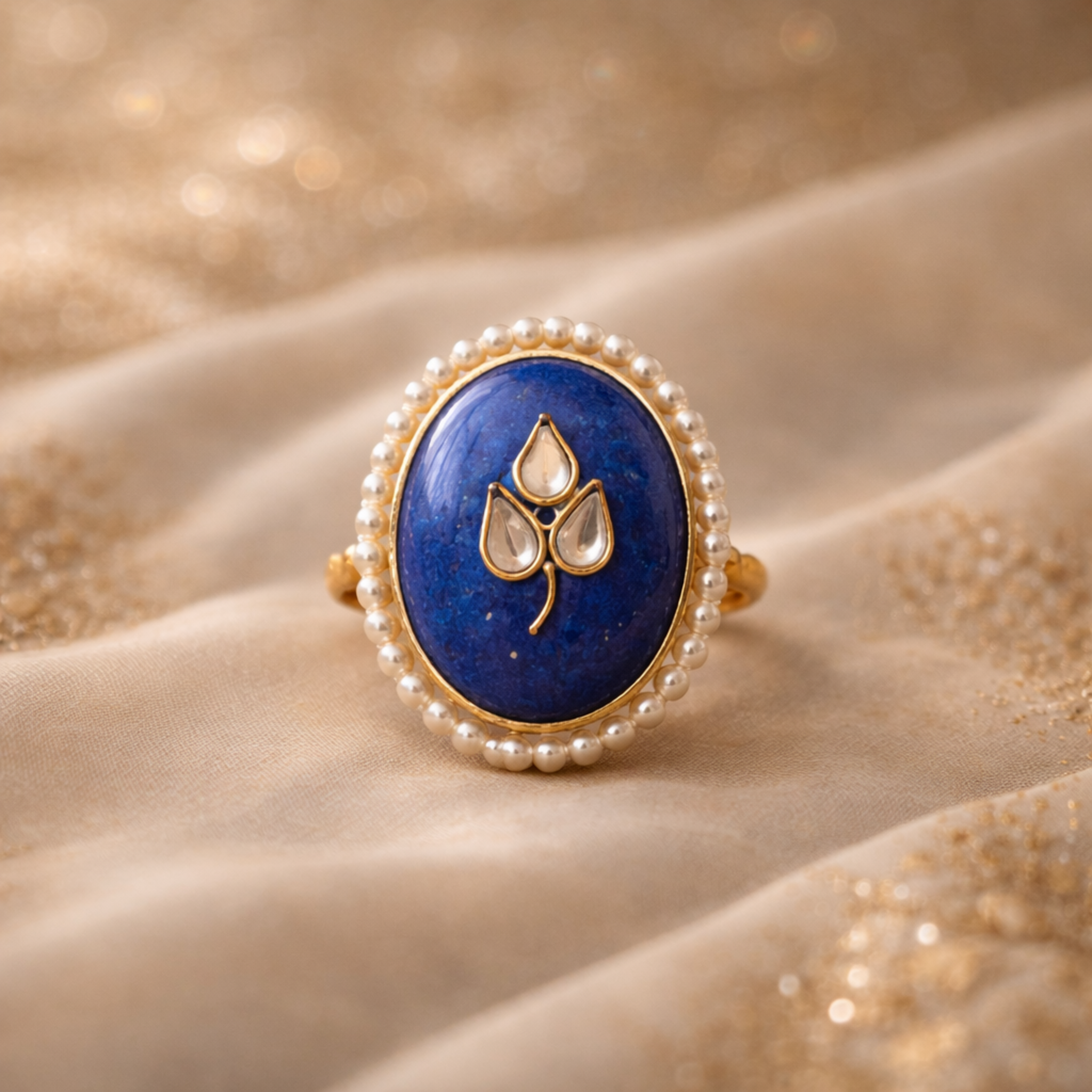 Royal Blue Pearl Leaf Ring