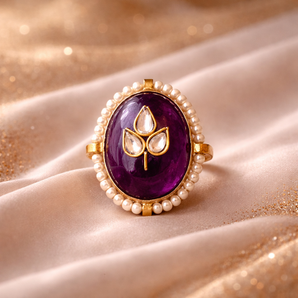 Amethyst Pearl Leaf Oval Ring
