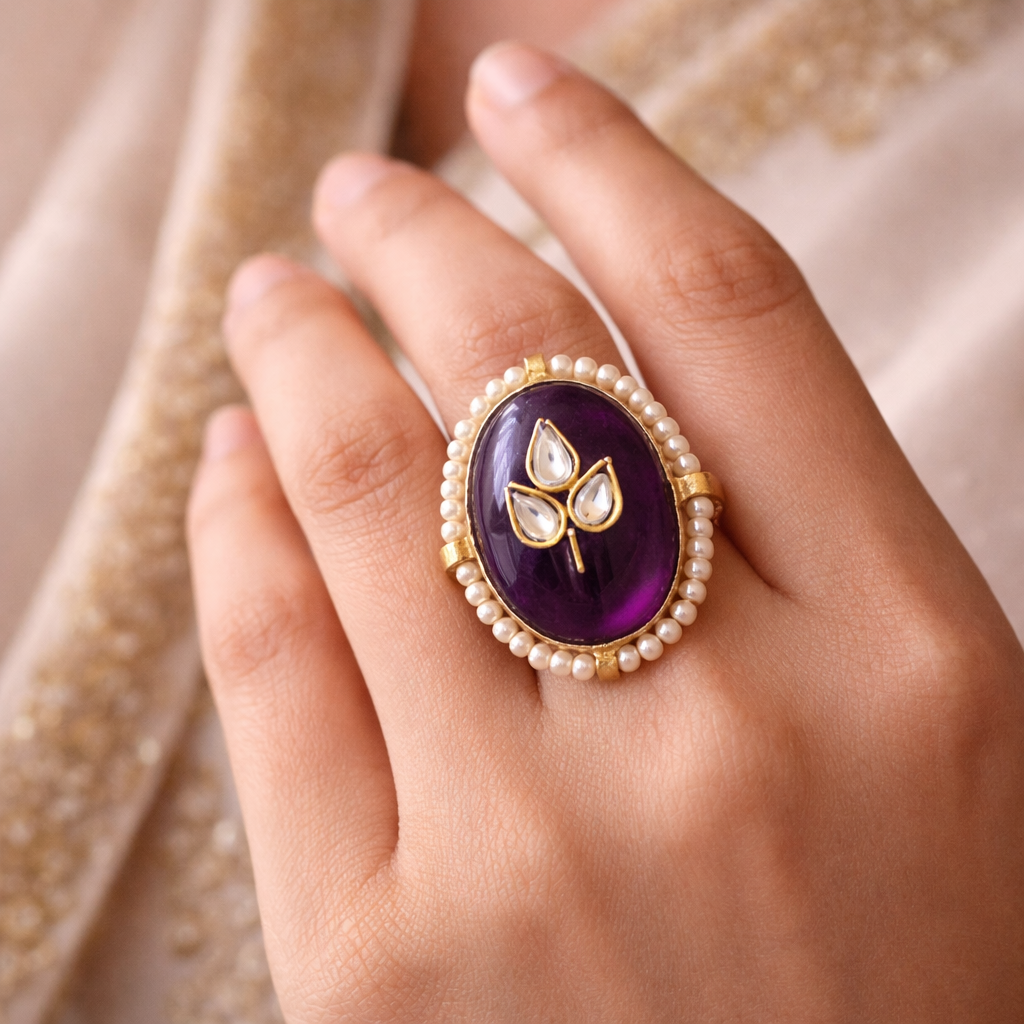 Amethyst Pearl Leaf Oval Ring