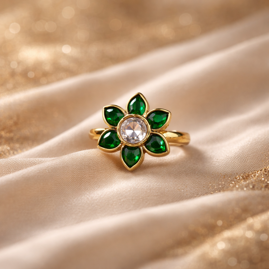 Emerald Petal Kundan Ring