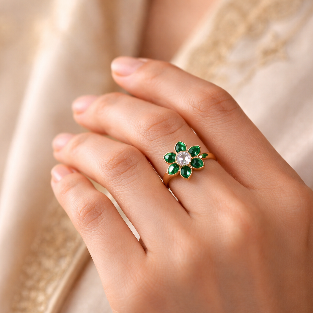 Emerald Petal Kundan Ring