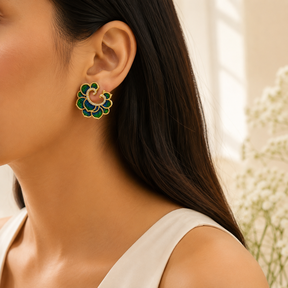 Peacock Bloom Enamel Earrings