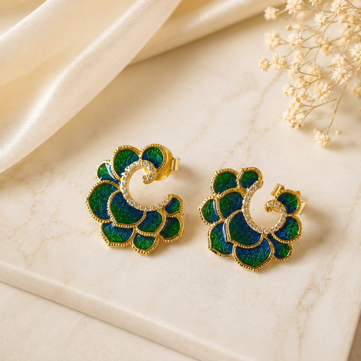 Peacock Bloom Enamel Earrings